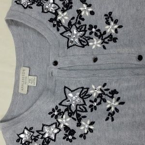Appleseed's Petite Medium Cardigan Sweater Embroidered Bejeweled